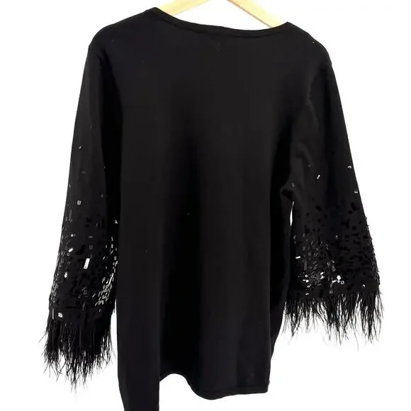 Chico's Black Sequin Feather Trim Sleeve Knit Sweater - Picture 5 of 8